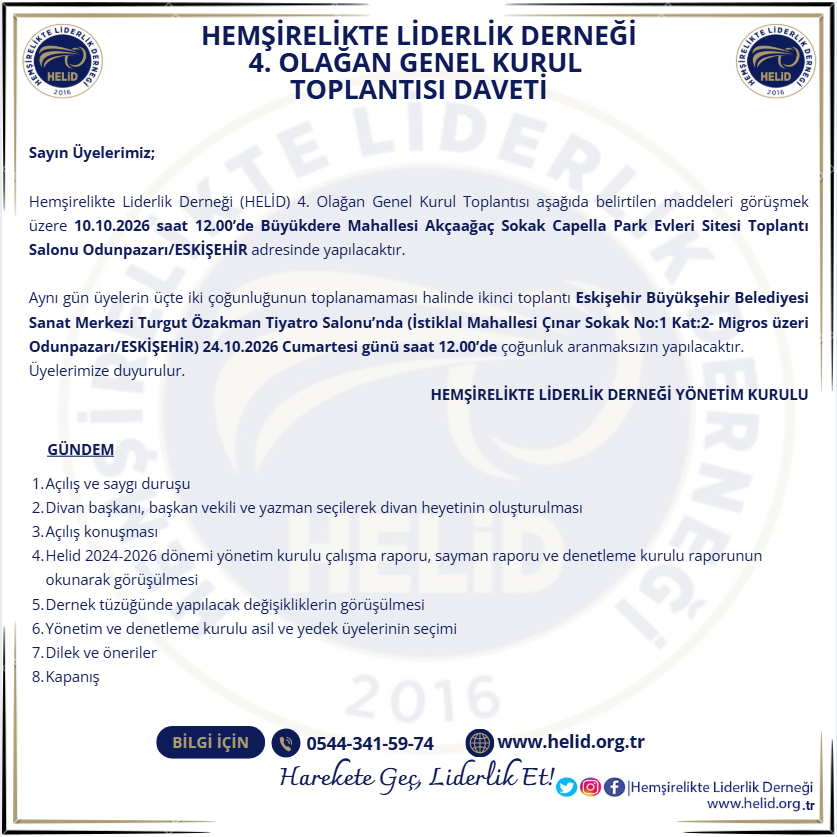 Hemşirelikte Liderlik Derneği 4. Olağan Genel Kurul Toplantı Duyurusu